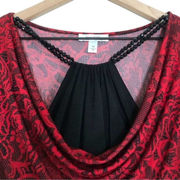 Dress Barn Red Black Floral Lace Beaded 3/4 Sleeve Scoop Neck Shirt Blouse Top - Picture 2 of 9